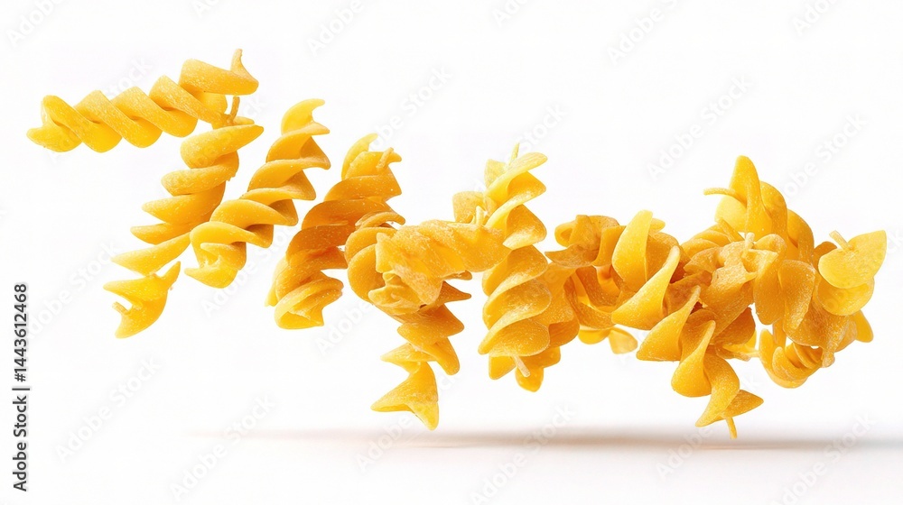 Spiraling Yellow Pasta Floating in Mid-Air on a White Background