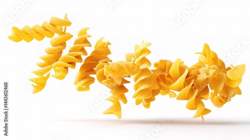 Obraz na płótnie Spiraling Yellow Pasta Floating in Mid-Air on a White Background w salonie