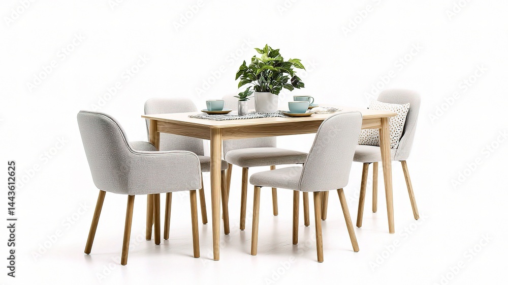 Modern dining table set with chairs and decorative indoor plant