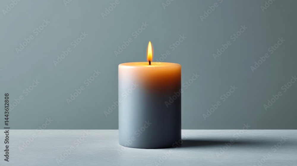 Close-up of a single candle on a grey surface. the candle is lit, with the flame burning brightly. the flame is orange and yellow in color, and the candle is cylindrical in shape. Close-up of a single candle on a grey surface. the candle is lit, with the flame burning brightly. the flame is orange and yellow in color, and the candle is cylindrical in shape.