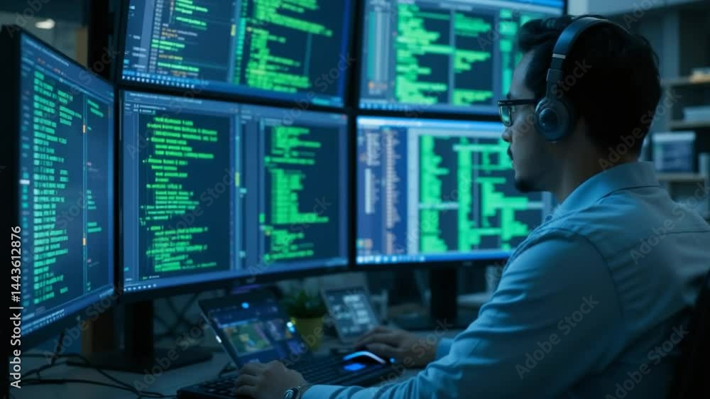 Person Coding on Multiple Computer Screens with Headphones Person Coding on Multiple Computer Screens with Headphones