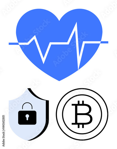 Blue heart with pulse line, shield with lock, and Bitcoin icon highlight security, health monitoring, cryptocurrency, privacy, digital transactions, fintech medical technology. Flat simple metaphor