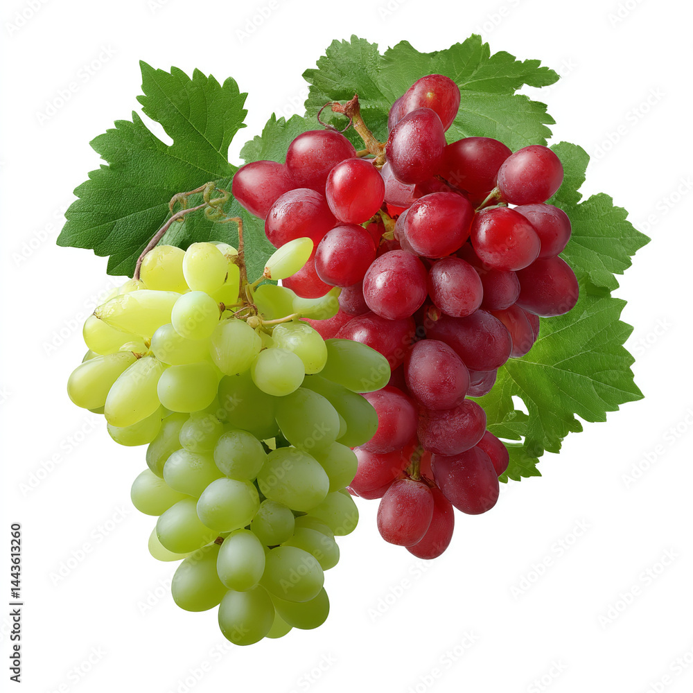 Fototapeta premium Red and green grape clusters with leaves isolated on transparent background. isolated white background