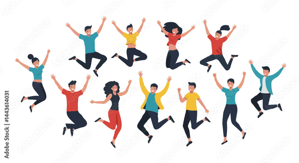 Fototapeta premium Diverse Group of Joyful People Jumping – Cartoon Illustration of Celebration and Unity