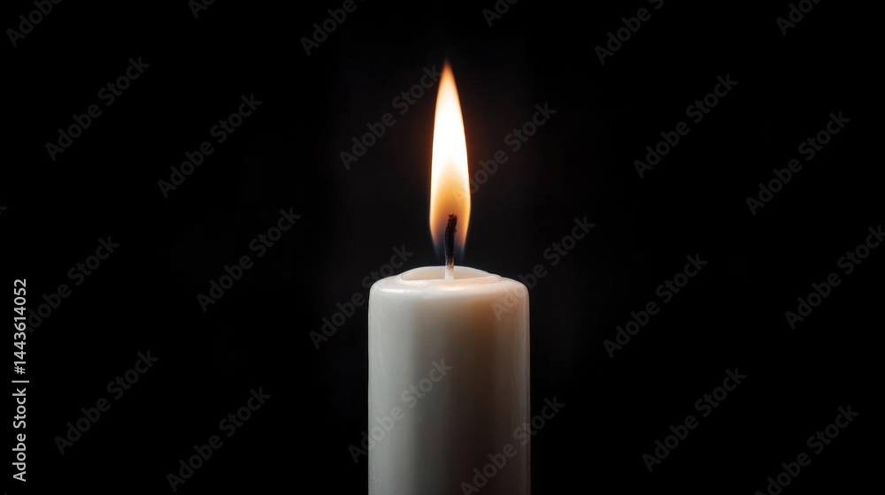 Close-up of a single white candle. the candle is lit, with the flame burning brightly and casting a warm glow on the surrounding area. Close-up of a single white candle. the candle is lit, with the flame burning brightly and casting a warm glow on the surrounding area.