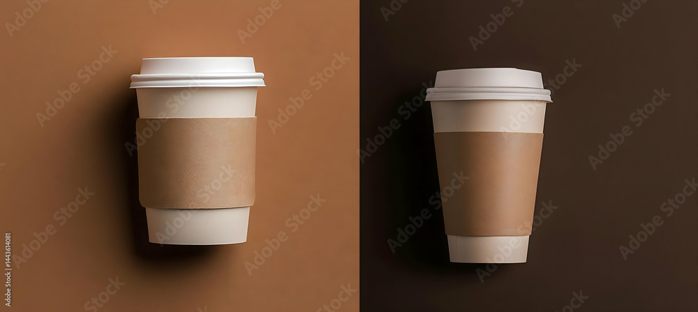 A blank coffee sleeve wrapped around a paper cup. The side is empty for branding. Clean design, high-quality material, soft lighting. A blank coffee sleeve wrapped around a paper cup. The side is empty for branding. Clean design, high-quality material, soft lighting.