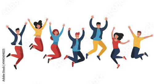 Diverse Group of Joyful People Jumping – Cartoon Illustration of Celebration and Unity