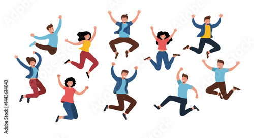 Diverse Group of Joyful People Jumping – Cartoon Illustration of Celebration and Unity