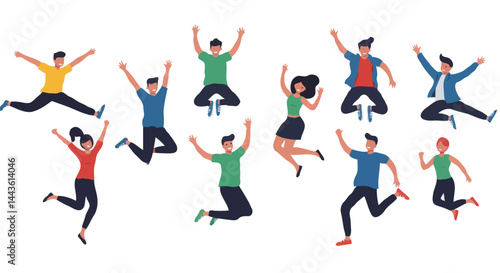 Diverse Group of Joyful People Jumping – Cartoon Illustration of Celebration and Unity