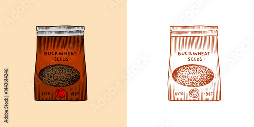 Buckwheat package. Engraved, hand drawn and buckwheat groats. Grass cereal crops outline icon set vector illustration. Ink and clipart style. Line hand drawing agriculture.