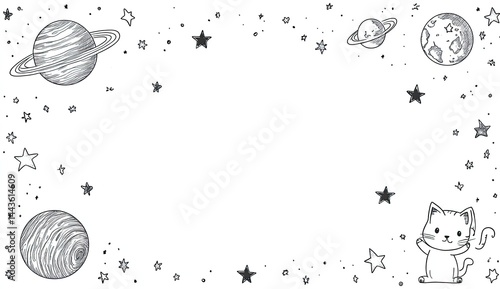 Fototapeta Naklejka Na Ścianę i Meble -  Cute space border design with planets, stars, and a cat