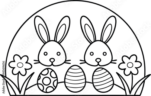 Outlined Easter Bunnies With Decorated Eggs And Flowers Coloring Page Design
