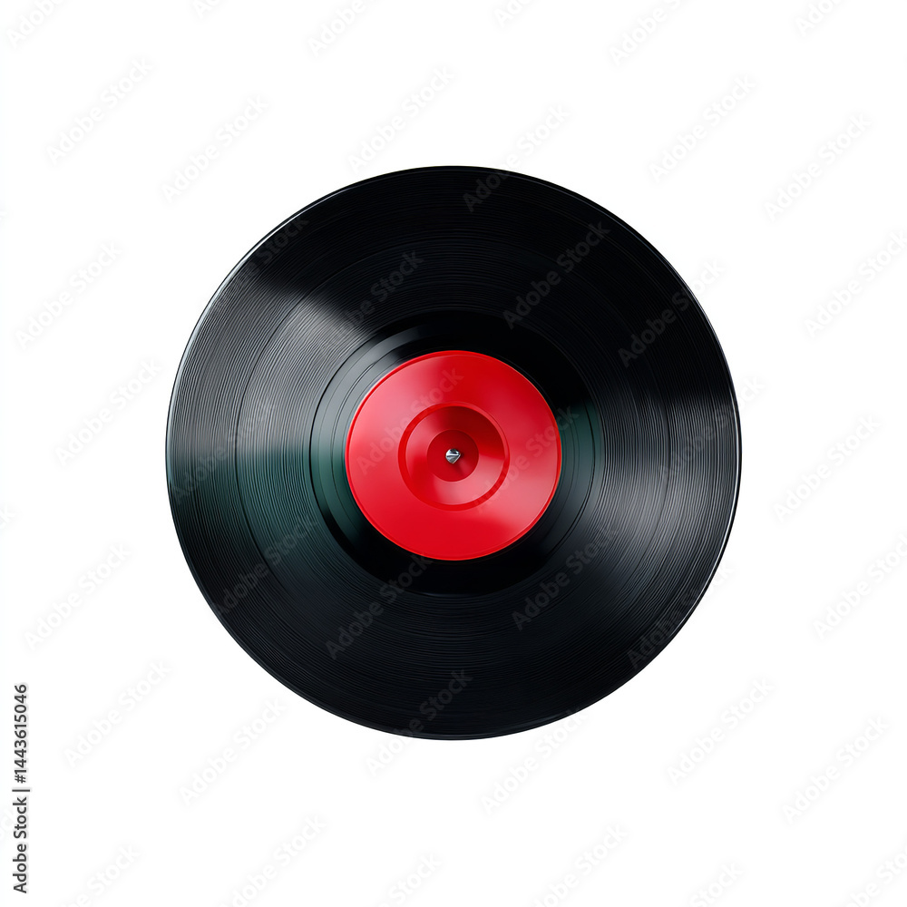 Fototapeta premium Classic black vinyl record with red label and glossy grooves isolated on transparent background. isolated white background