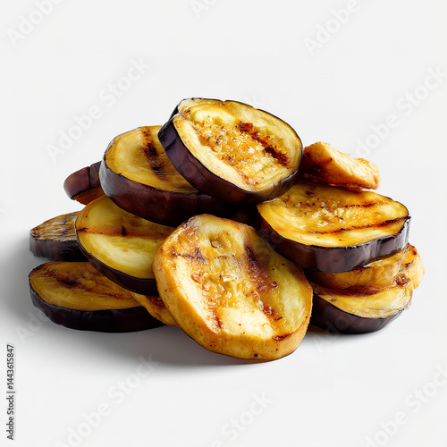 Grilled eggplant slices with golden-brown sear marks juicy and smoky texture healthy vegetable perfect for cooking or salad isolated on transparent background. isolated white background