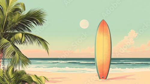 Summer Beach Surfboard Sunset Palm Trees Ocean Waves Tropical Vacation Idyllic Coastal Scene Peaceful Relaxing Holiday Paradise Beachfront Calm Sea   