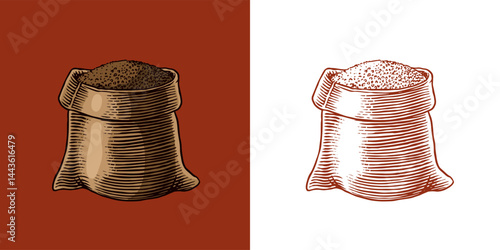  Collection of buckwheat in a bag vector illustration. Ink and clipart style. Line hand drawing agriculture.