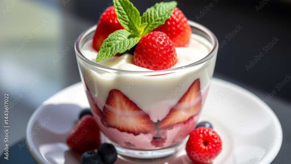 Close-up of layered strawberry yogurt parfait dessert with fresh strawberries, blueberries, and mint garnish in glass cup under bright natural light Close-up of layered strawberry yogurt parfait dessert with fresh strawberries, blueberries, and mint garnish in glass cup under bright natural light