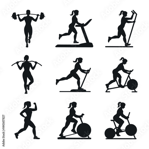 Woman Fitness Training Exercise Gym Equipment Silhouette Set Cardio Workout Barbell Stationary Bike Treadmill Elliptical Machine Runner