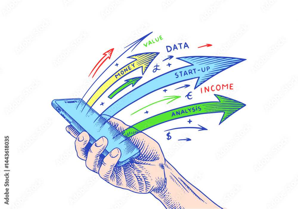 Fototapeta premium Open hand giving or receiving. Hologram of boosting arrows or graph chart. Vector clipart illustration. Teamwork, work efficiency, symbolizing startup. Line and Ink sketch. Hand drawn Vintage style. 