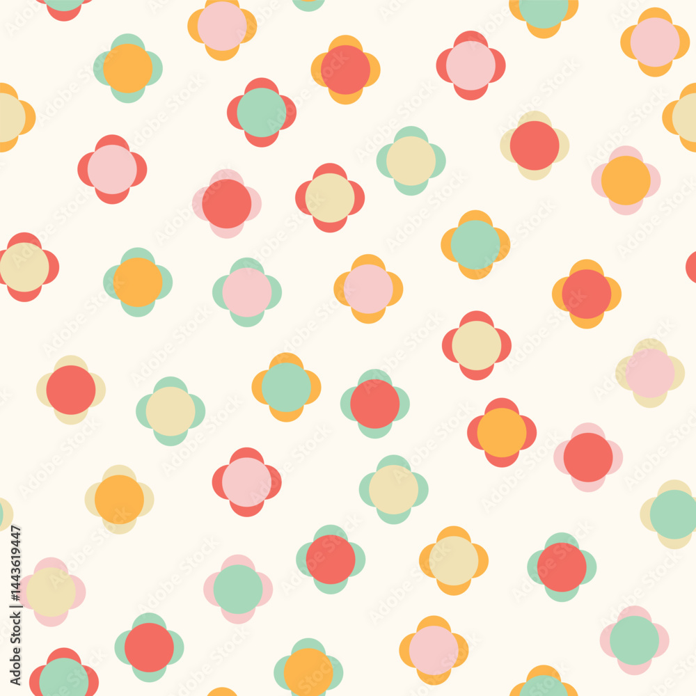 An Abstract of Geometric Flowers from Circles and Half Circles in Muted Retro Colors creating a seamless pattern print An Abstract of Geometric Flowers from Circles and Half Circles in Muted Retro Colors creating a seamless pattern print