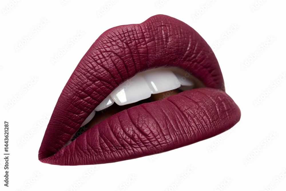 red lipstick lips on white background, maroon lipstick lips