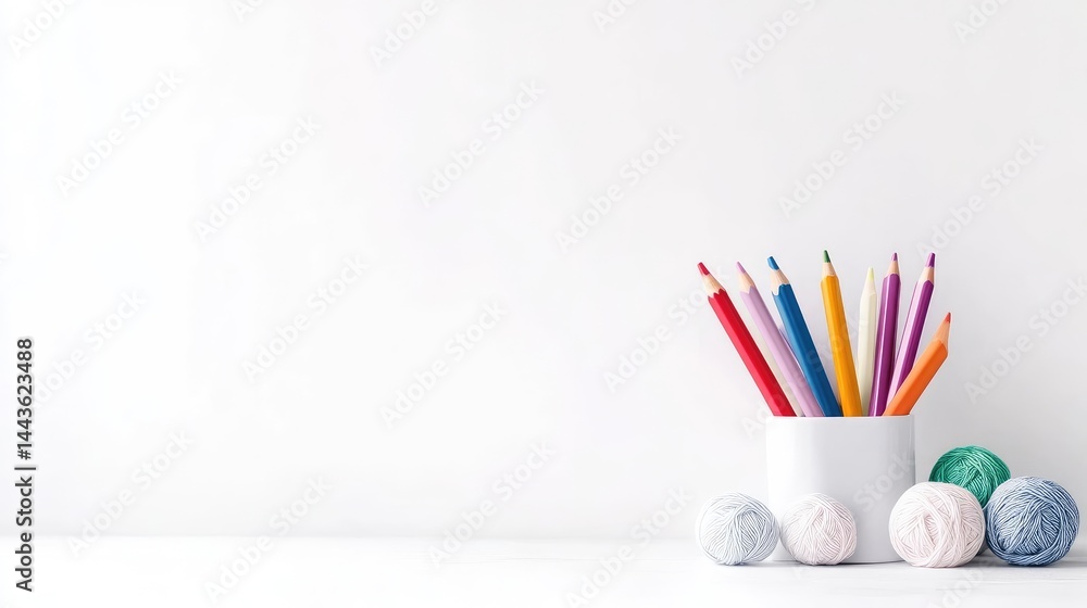 Obraz premium Colorful art supplies arranged on a white surface
