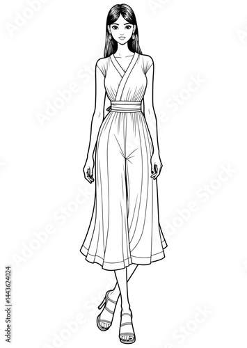 Fashion Coloring Page - Fashion Coloring Page, female model, posing, in black and white.  