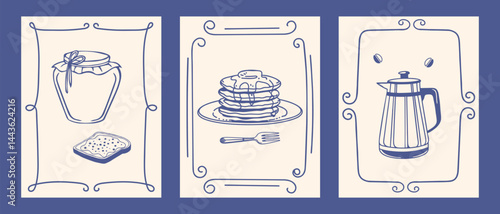 Set of hand drawn vintage breakfast posters. Set of breakfast illustrations with coffee, pancakes and jam. Ink sketch. Vintage illustrations for cafe or restaurant menu.