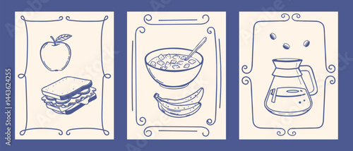 Set of hand drawn vintage breakfast posters. Set of breakfast illustrations with coffee, sandwiches and fruits. Ink sketch. Vintage illustrations for cafe or restaurant menu.