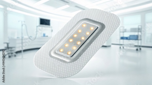A futuristic medical bandage with integrated LED lights is displayed in a modern, high-tech hospital room.