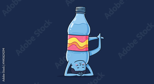 Water bottle yoga pose illustration fitness exercise wellness cartoon character headstand balancing act
