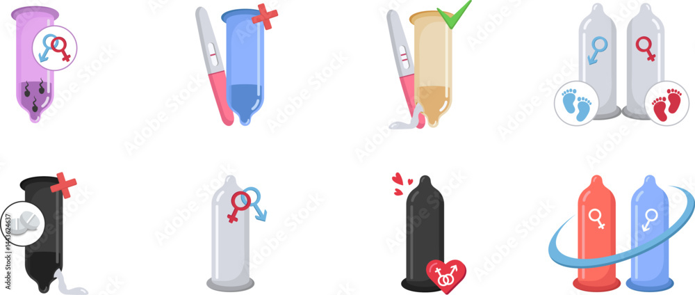 Romantic and flavored condom collection – vector design Romantic and flavored condom collection – vector design