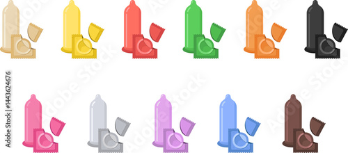Colorful condoms vector set – realistic latex condom collection with packaging in various colors. Flat design vector illustration