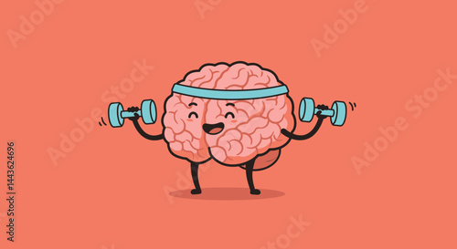 Brain training fitness exercise workout mental health gym dumbbells cartoon character strong mind power health
