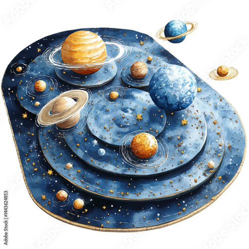 Rotating Orrery Showing Planets In Orbit, watercolor vector, isolated on a white background.