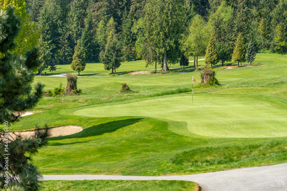 Obraz premium Golf course with gorgeous green and fantastic forest view in Vancouver, Canada, North America. Day time on April 2025.