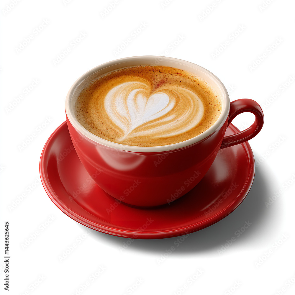 Realistic red coffee cup with heart latte art isolated on transparent background. isolated white background Realistic red coffee cup with heart latte art isolated on transparent background. isolated white background