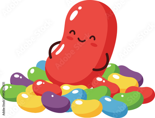 Red Jelly Bean Character Sitting Among Colorful Jelly Beans Cute Cartoon Snack Illustration 