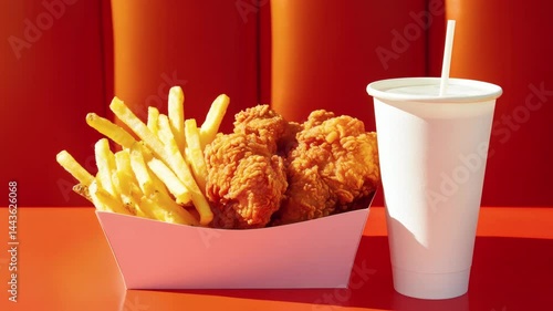 A fresh snack of fried chicken and soda with ketchup in a glass