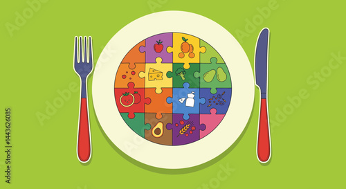 Healthy food plate diet nutrition balanced meal plan with fruit vegetables protein carbs and dairy puzzle concept