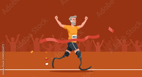 Disabled athlete runner marathon race finish line winner victory champion prosthetic legs competition