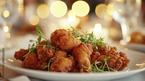 This delicious dinner features fried chicken wings and meatballs with tomato sauce, some with potatoes, on a plate. Zoom in