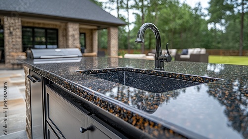 Outdoor kitchen sink with granite countertop