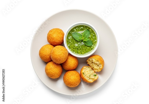 Aloo bonda potato balls with green chutney on a white plate, indian snack