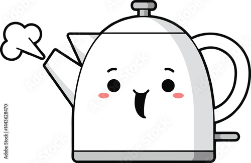 Cute white cartoon kettle with steam and smiling face vector illustration