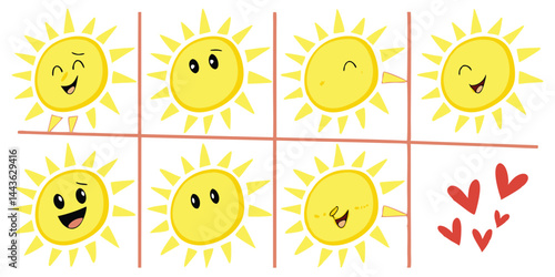 Cute and Cheerful Cartoon Suns with Smiling and Winking Faces in a Grid