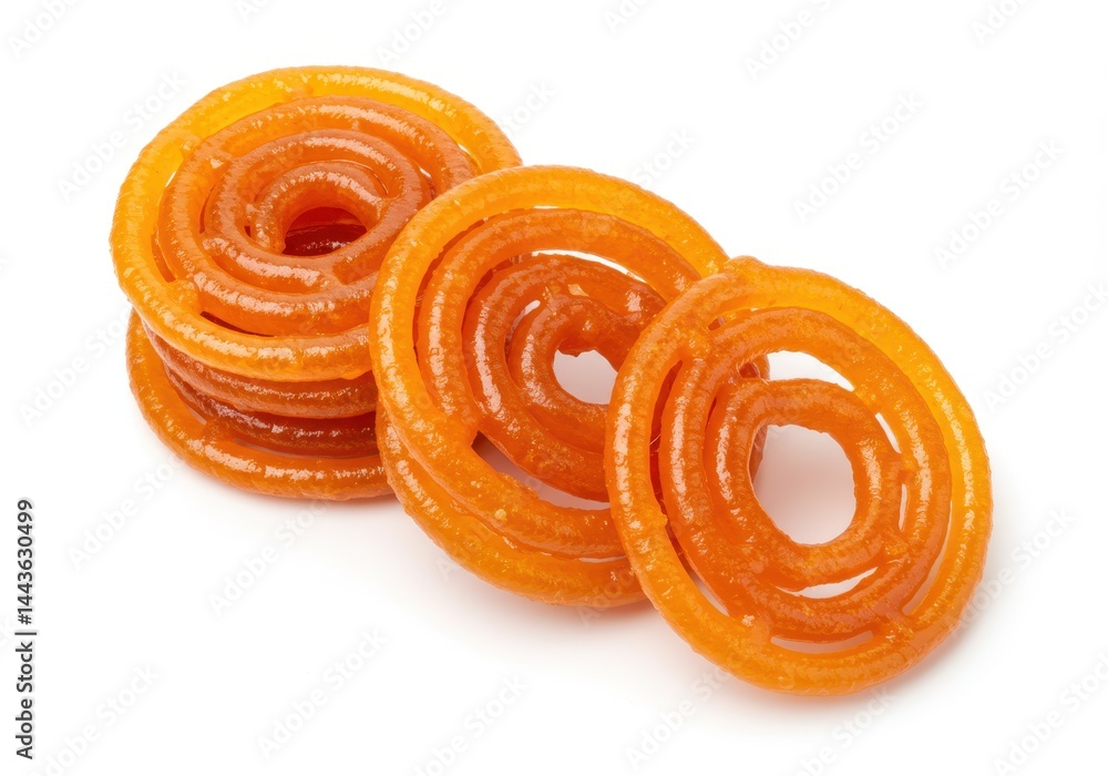 Fototapeta premium Stack of jalebi indian sweets on a white background, a popular dessert