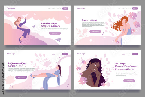 Set of web page design templates. Landing page layouts for spa centers, beauty products, natural cosmetics and wellness services. Cartoon flat vector illustration collection isolated on background