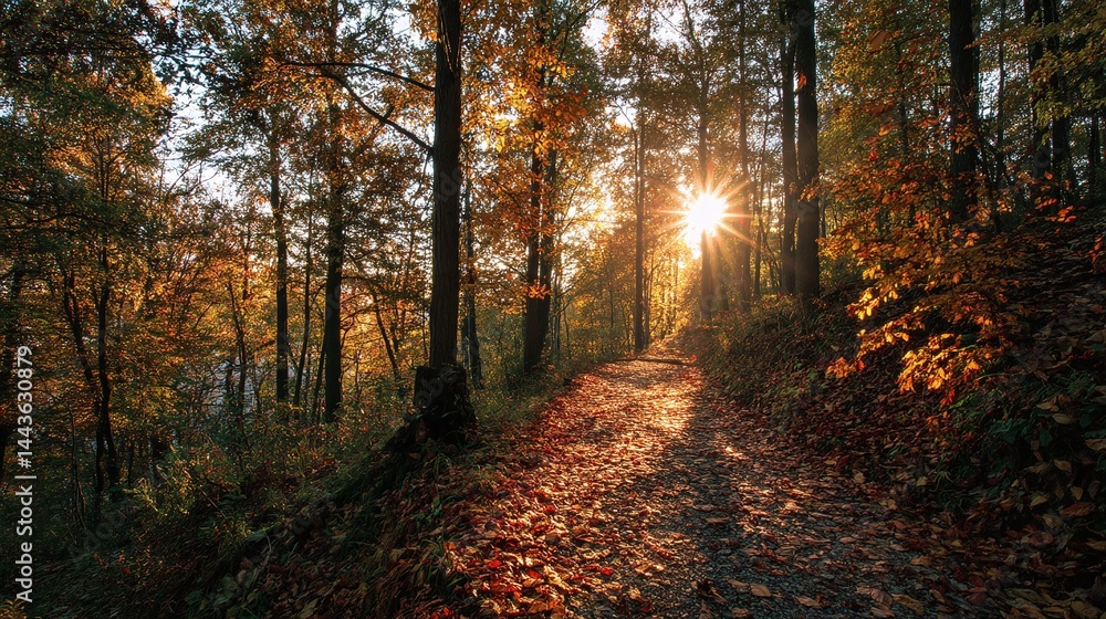 Fototapeta premium Sunlit Forest Path with Autumn Leaves