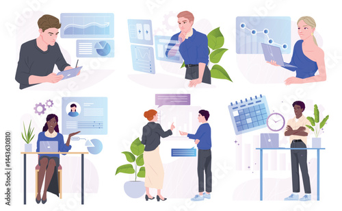Business management. Office workers and entrepreneurs planning work tasks, analyzing financial statistics and hiring new employees. Cartoon vector illustration collection isolated on background